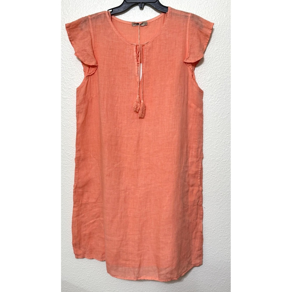 Valentina Naldi Dress Womens Large Peach Linen Flutter Sleeve Made in Italy NEW
